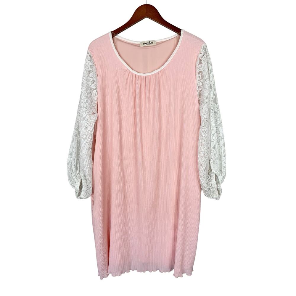 Haptics Pink Accordian Pleated Dress Lace Sleeves Pockets Knee Length Women's L